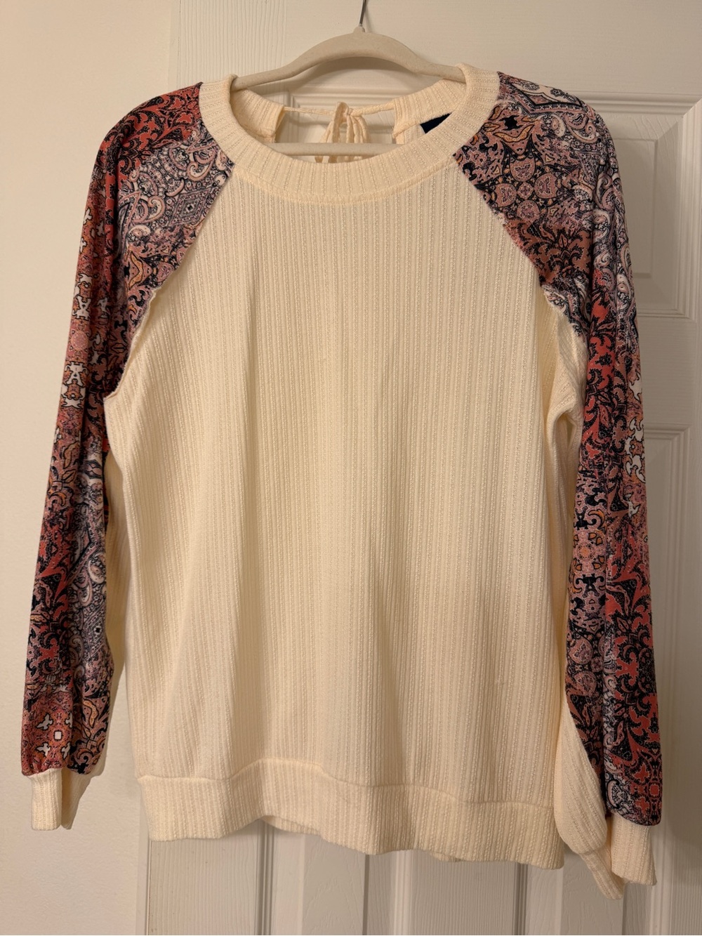 Daytrip Cream Thermal Sweater with Paisley Raglan Sleeves